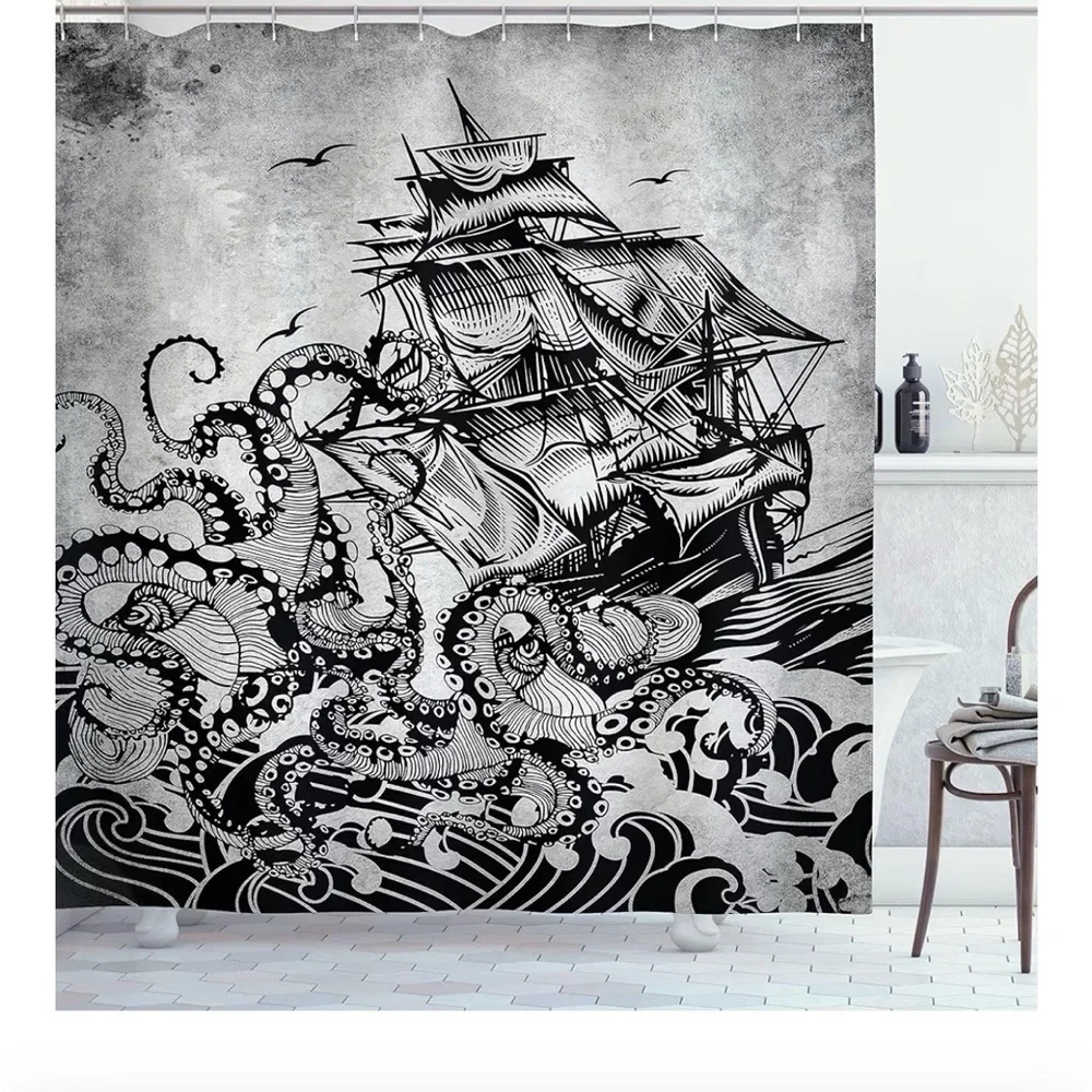 Ambesonne Nautical Octopus and Sailing Ship Shower Curtain and Bath Mat NWOT